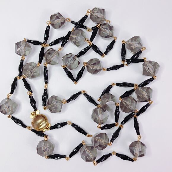 VTG West Germany 46" Smoky Gray Faceted Plastic Bead Necklace Glass Box Clasp - Picture 7 of 11